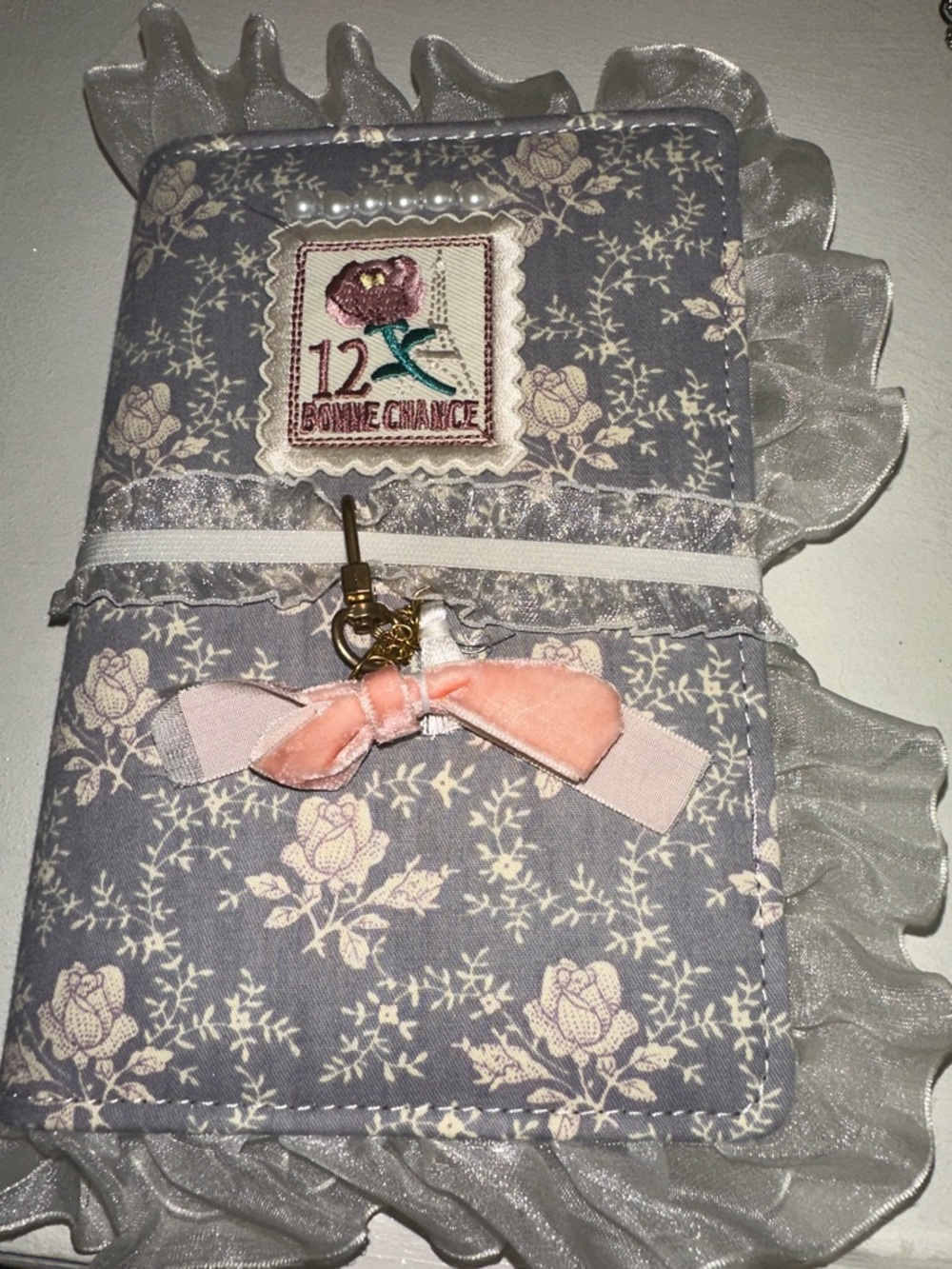 Floral Quilted Fabric Notebook Cover — Gray with Cream Roses